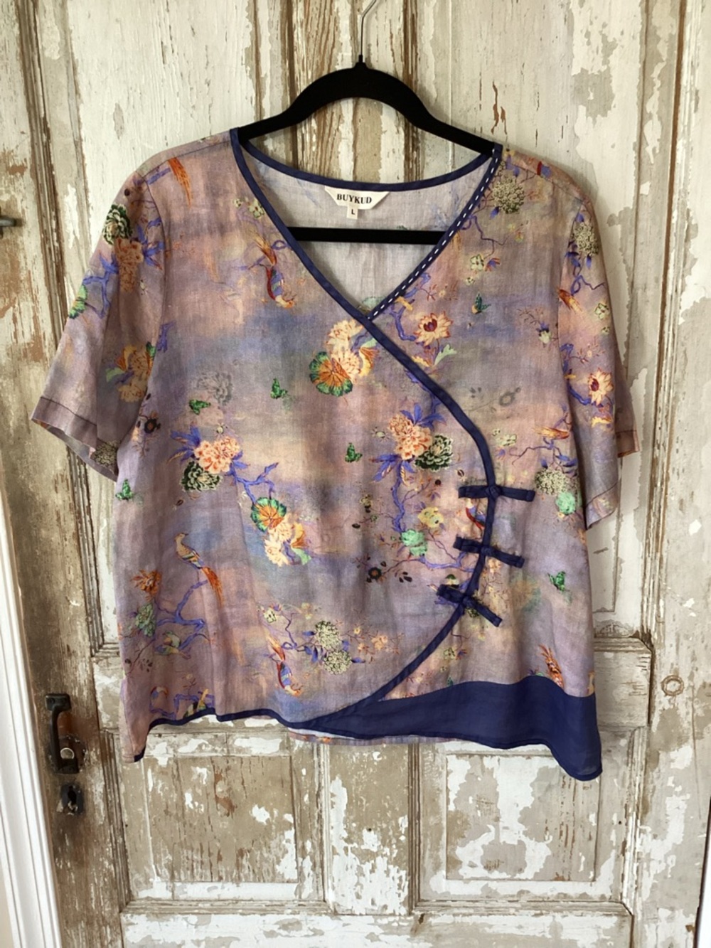 Buykud Floral Asian Influenced Kimono Short Sleeve Blouse -L- Ramie/Tencel Blend